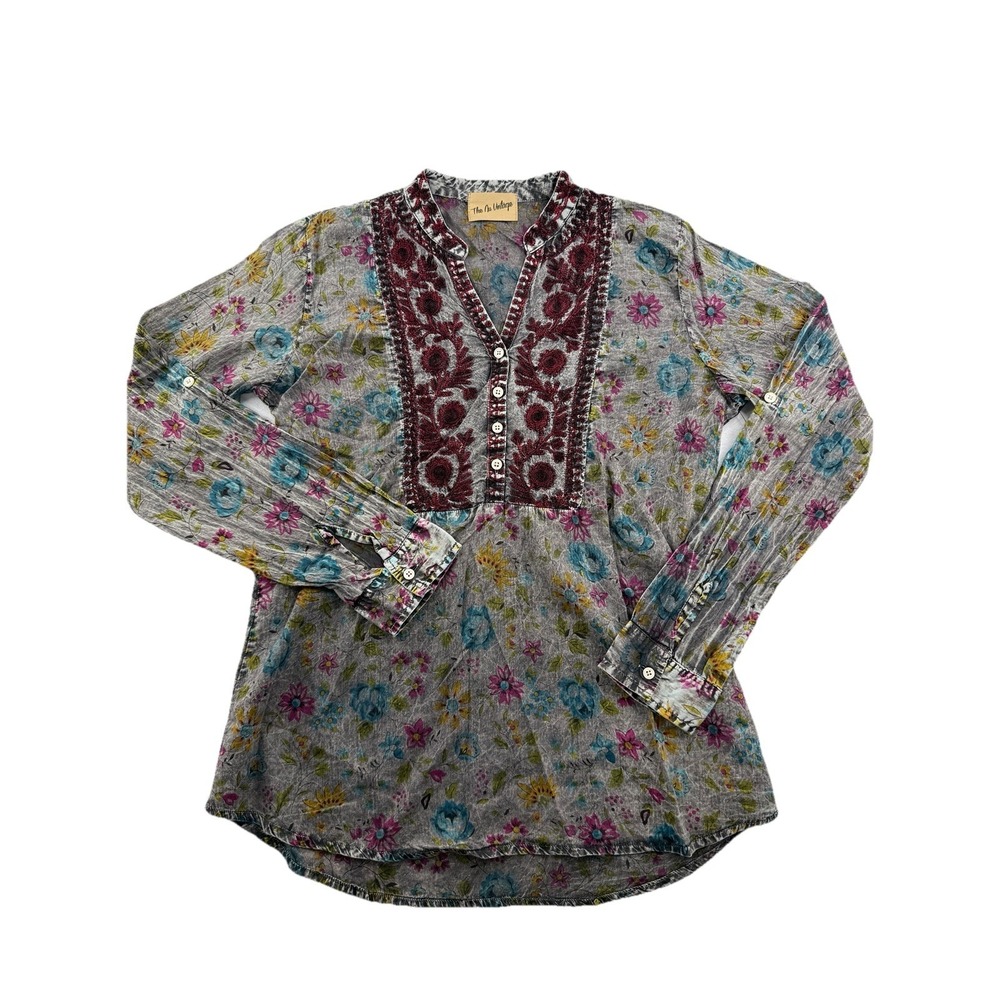 The Nu Vintage Top Womens S Gray Floral Embroidered Boho Tunic Long Sleeve